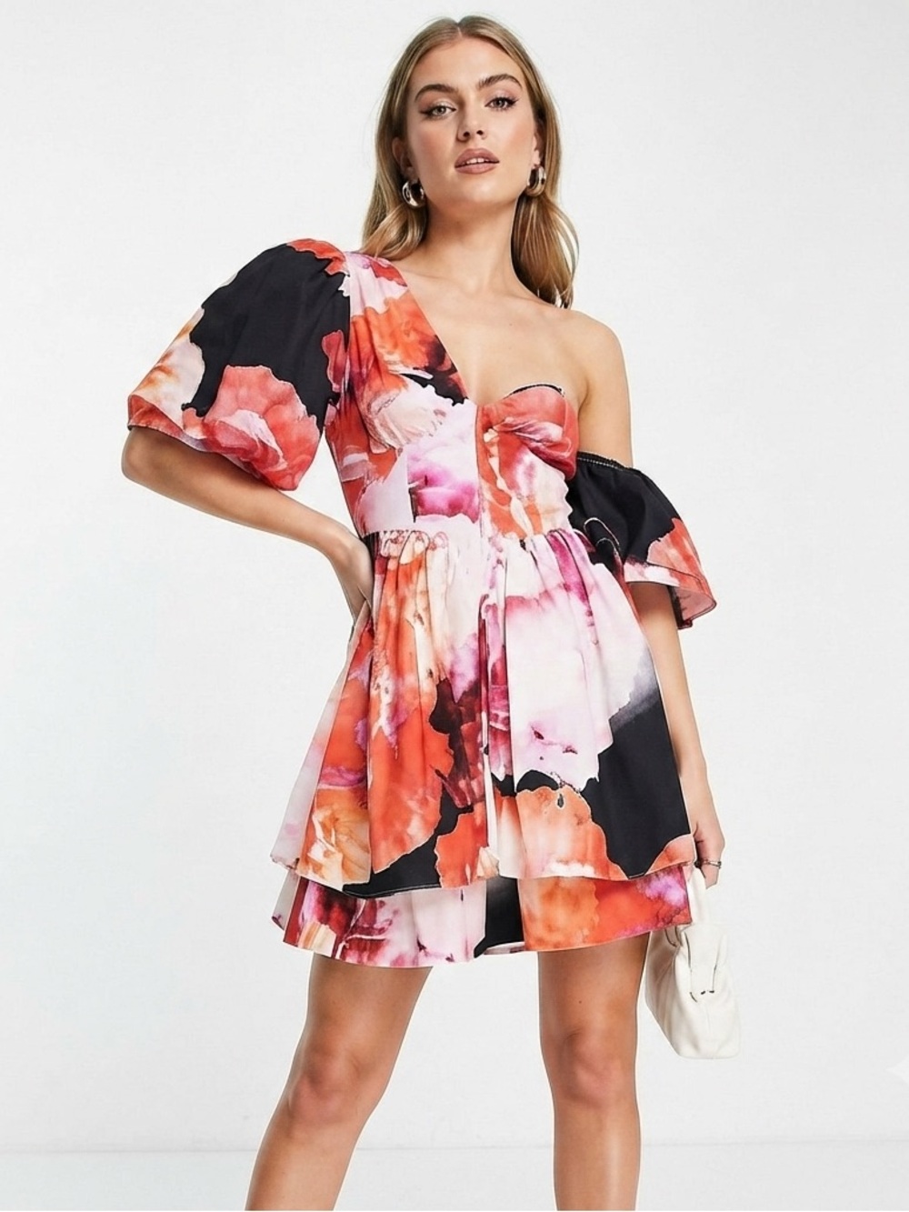 ASOS One-Shoulder Floral Mini Party Cocktail Dress in Wedding Guest Dress black